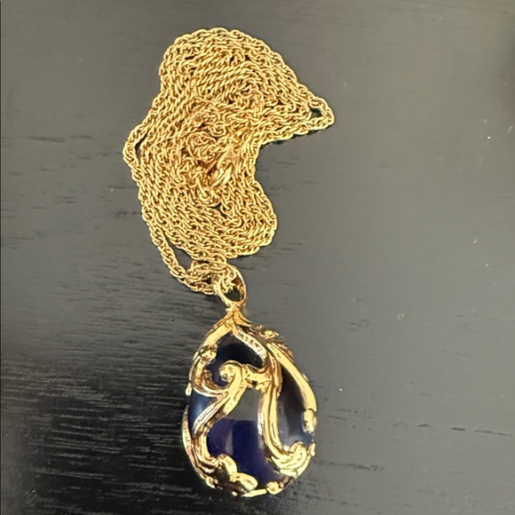 Joan Rivers Necklace Egg Faberge Blue Crystal Gold Pendant Signed Vintage - Picture 5 of 7
